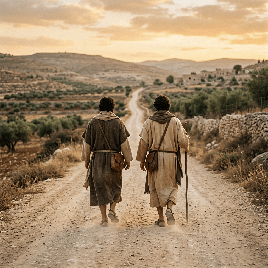Two men in ancient-style robes walking on a dusty country road surrounded by fields and hills