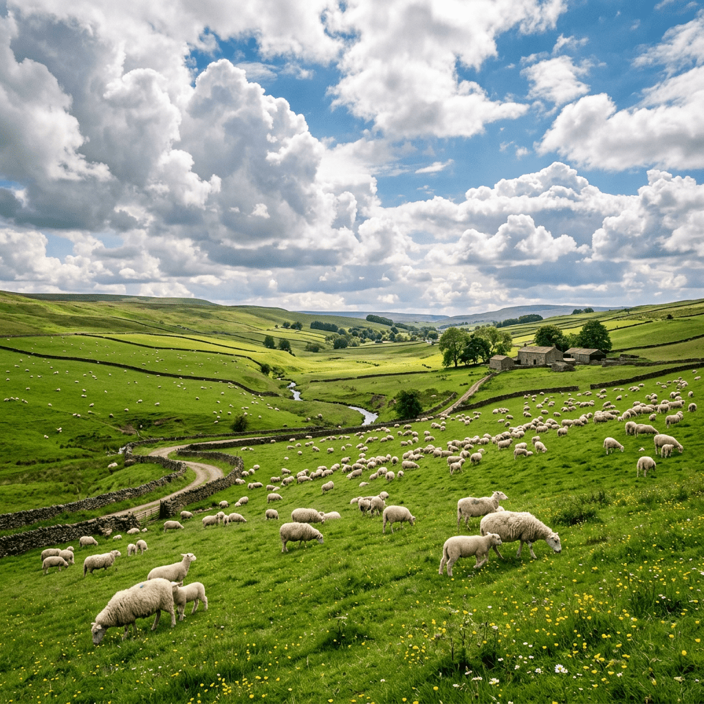 Green rolling hills with hundreds of sheep grazing and a winding dirt path