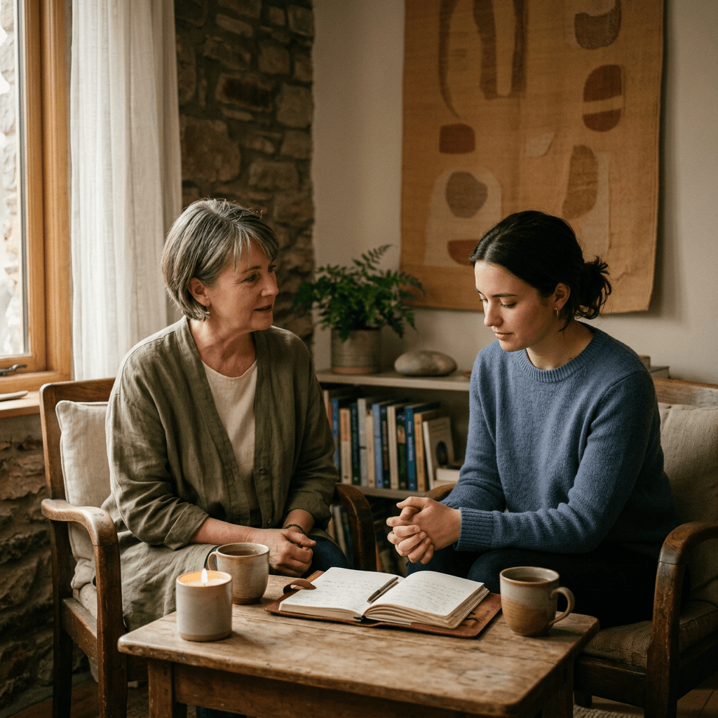 Two women converse beside coffee mugs and an open journal